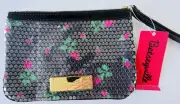 NWT Betsey Johnson Betseyville Wristlet Bag Sequin Rosebud Cheetah Blossom Black