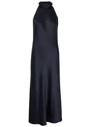 Galvan Sienna Halterneck Satin Midi Dress - Navy - 42 (UK14 / L) 42 (UK14 / L)