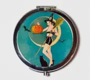 Art Deco Witch Black Cat Bat Compact Mirror Make Up Pocket Mirror Cosmetic