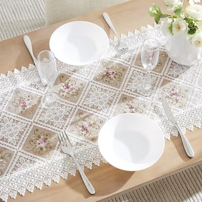 White Farmhouse Table Runner with Flower Design. 36 Inch Dining Table Runner