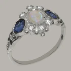 10k White Gold Natural Opal Diamond Womens Trilogy Ring - Sizes 4 to 12