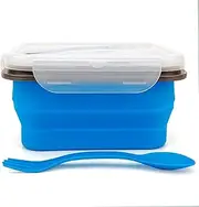 Lunbengo Small Silicone Collapsible Snacks Container with lid and 2 in 1 Spoon & Fork, Food Grade Silicone Bento Lunch Container, For Leftovers Meal Prep, Microwave/Freezer/Dishwasher Safe, 700ml