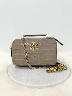 NWT Tory Burch Elk Britten Croc Chain Top Handle Case Crossbody Bag Black $489