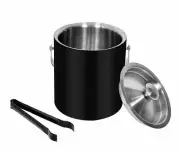 Stainless Steel Ice Bucket Double Wall with Lid & Tong in Black Color -1500ML US