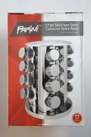PARINI 17-PIECE Stainless Steel Carousel Spice Rack w/ Glass Jars - Brand New