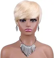 Honey Blonde Color Wig Short Wavy Bob Pixie Cut Full Machine Made Human Hair Wigs with Bangs for Black Women Remy