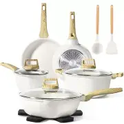 Pots and Pans Set Non Stick - 14 Pcs White Granite Kitchen Cookware Sets Nons...