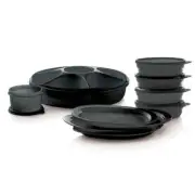 Tupperware All Black Serving Center Microwave Reheatable Plate Cereal Bowl Set