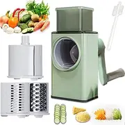 Manual Rotary Cheese Grater Shredder with Wider Hopper 3 Interchangeable Blades Round Mandolin Drum Slicer Julienne Grinder for Cheese, Vegetables, Potatoes and Nuts, Cyan