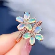 Natural Fire Opal Flower Ring, Faceted Opal Fire Ring Rose Gold