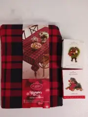 ST. NICHOLAS SQUARE KRINGLE'S PLAID TABLECLOTH 60" X 84"& Puppy Love Ornaments
