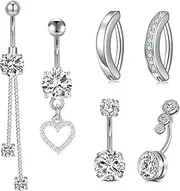 [Briana Williams] 14G Belly Button Ring Dangle Belly Button Piercing Clicker Reverse Belly Rings Surgical Stainless Steel Heart Clear Round Diamond Belly Navel Rings Body Jewelry for Women Silver Gold