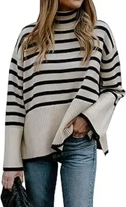 [Gyrans] 2023 Women's Long Sleeve Striped Sweater Turtleneck Casual Loose Side Split Ribbed Knit Oversized Pullover Jumper Tops