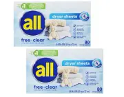 all Fabric Softener Dryer Sheets for Sensitive Skin, Free Clear, 80 Count 2 Pack