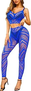[RSLOVE] Womens Sexy Lingerie Sets Bodystocking - Fishnet Bodysuit Sexy Camisole top & Stocking 2 Piece Cutout Fishnet Legging
