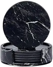 Coasters for Drinks 6 Piece with Holder Marble texture Round Cup Mat Pad Set of Home and Kitchen Use (Marble Black)