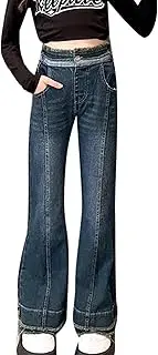 [FEOYA] Girl's Denim Jeans Flared Trousers Casual Pants Kid Elastic High Waist Pants Wide Leg Baggy Trousers with Pockets Light Blue Teenager Vintage Streetwear Fashion Outfits for 5-15 Years