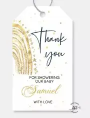 12 White Thank You Baby Shower Favour Gift Tags Personalised Gold Rainbow