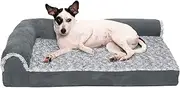 Furhaven Medium Memory Foam Dog Bed Two-Tone Faux Fur & Suede L Shaped Chaise w/Removable Washable Cover - Stone Gray, Medium