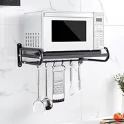 Carbon Steel Wall Shelf w/Pot Rack - Metal Microwave Oven Rack & Shelving with 6 Hooks - Oven Toaster Bracket | Sturdy & Stylish Storage Solution