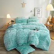 XeGe Plush Shaggy Duvet Cover Set, Luxury Ultra Soft Crystal Velvet Fluffy Bedding Sets 2 Pieces(1 Faux Fur Furry Comforter Cover + 1 Fuzzy Faux Fur Pillow Case), Zipper Closure (Twin, Aqua Ombre)