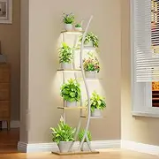 MJOMKN Plant Stand Indoor with Grow Lights - 7 Tiered Tall Metal Plant Shelf - Corner Wooden Plant Stand for Indoor Plants Multiple, Large S-Shape Flower Rack Holder for Living Room, Garden, Patio