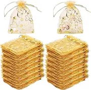 AUXIN 100 Pcs Organza Bags, 9x12cm Heart Printed Sheer Drawstring Gift Bags Gold Organza Jewelry Pouches Christmas Birthday Wedding Party Favor Bags