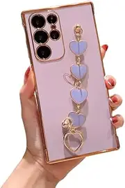 Omio for Samsung Galaxy S22 Ultra Case Cute for Women Girls, Luxury Plating Cover with Love-Heart Strap Bracelet Chain Grip Soft Glossy TPU Silicone Case Slim Phone Cover for Galaxy S22 Ultra Purple