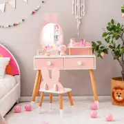 CostwayKids Vanity Dressing Table Stool Set with Mirror Drawers