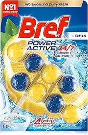 Bref Power Active with 4 Function Formula Toilet Foaming Cleanser (2x 50g), Toilet Freshener with Lemon Scent, Hanging Toilet Bowl Cleaner to Deep Clean Toilet