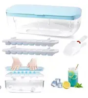 Ice Cube Maker Trays Set includes Bin and Lid Blue and White