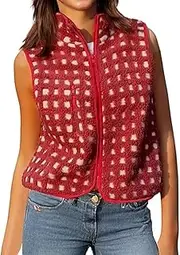 [Generic] Women Carded Polar Fleece Vest Sleeveless Cardigan high Collar Zipper Sherpa Vest Fashion Checkered Vest, Winter top Sherpa, Checkered Sherpa West, Winter vestRed,S