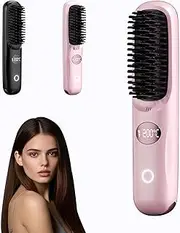 Cordless Hair Straightener Brush, Protable Hair Straightener Comb with Round LCD Temperature Display, Fast Heating Mini Hairs Brush for Travel, Rechargeable Straightening Brushs for Women (Pink)