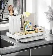 AUMA White Kitchen Sink Organizer, Additional Reinforcement Sink Organizer Stainless Steel Sponge Holder Dish Rag Holder Rag with Drain Pan, Easy Installation