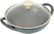 staub Baby Wok Z1027-843 Baby Wok Eucalyptus 6.3 inches (16 cm) Lid Included, Small, Both Hands, Chinese Casting, Enameled Pot, Japanese Authentic Product with Serial Number