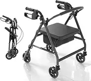 Advwin Lightweight Rollator Walker, 4-Wheel Folding Mobility Aid with Padded Seat, Dual Brake System, Adjustable Arms, and Under-Seat Storage Bag for Seniors and Elderly