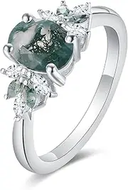 [IRROYA] Moss Agate Ring for Women 1.5CT Oval Cut Moss Agate Engagement Rings Platinum Plated 925 Sterling Silver Wedding Ring Natural Green Gemstone Ring for Women Art Deco Rings for Women