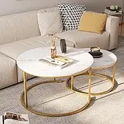 Enliansgo Round Coffee Table Set of 2, Nesting Tables with Metal Frame, Center Table for Living Room, Modern Farmhouse Coffee Table Set, Industrial End Table Side Tables,Nesting Coffee Table