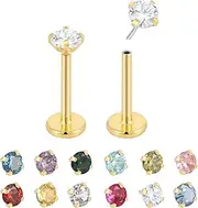[Pierced Koala] 2PCS Titanium 18G Threadless Flat Back Birthstone Gem Stud Earrings Labret Helix Tragus Cartilage Lip Monroe Conch Ear Stud Barbell Body Piercing Jewellery