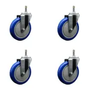 5 Inch Blue Polyurethane Wheel Swivel 7/16 Inch Grip Ring Stem Caster Set SCC