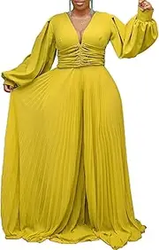 [GHAKKE] 2025 Women's Elegant Formal Party Jumpsuit Sexy Deep V Neck Long Sleeves Pleated Hem Flowy Wide Leg Long Pants Rompers