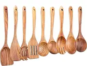 Wooden Kitchen Utensils Set,GUDAMAYE 9 PCE Natural Teak Wooden Spoons For Non-stick Pan for Cooking,