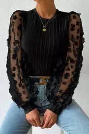 I AM A FASHION JUNKY Black Floral Applique Mesh Sleeves Textured Knit Blouse