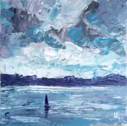 Calm Seascape Sailboat Under Cloudy Skies Textured Impasto Brushstrokes