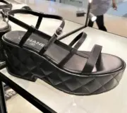NIB authentic CHANEL Platform Sandals Black Leather Calfskin Wedge Matelasse 37