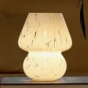 HEQET Cordless Lamp Battery Operated Mushroom Lamp,Cute Glasss Mushroom Table Lamp Aesthetic,for Livingroom,Dining Room,Indoor Outdoor Murano Style,Buld Included (White with Dot), HELAMP023