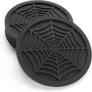 COASTERFIELD Silicone Coasters for Drinks - 6 Pack Unique Design Spider Drink Coasters, 4" Black Coaster Set by