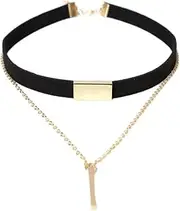 [LittleFathand] Black Gold Choker Necklace Leather Velvt Choker Double Layer Tassel Chain Bar Pendant Day Collar for Women Jewelry Gifts