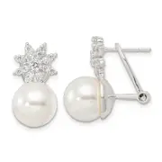 Sterling Silver Imitation Shell Pearl And Cz Floral Omega Back Earrings