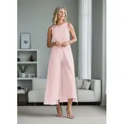 Jumpsuit / Pantsuit Mother of the Bride Wedding Guest Elegant Simple Minimalist Jewel Neck Ankle Length Polyester Sleeveless with Pleats Ruching Solid Color
